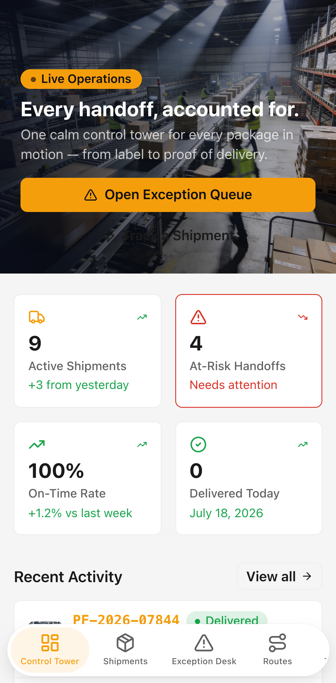 ParcelFlow Control Tower — mobile screenshot