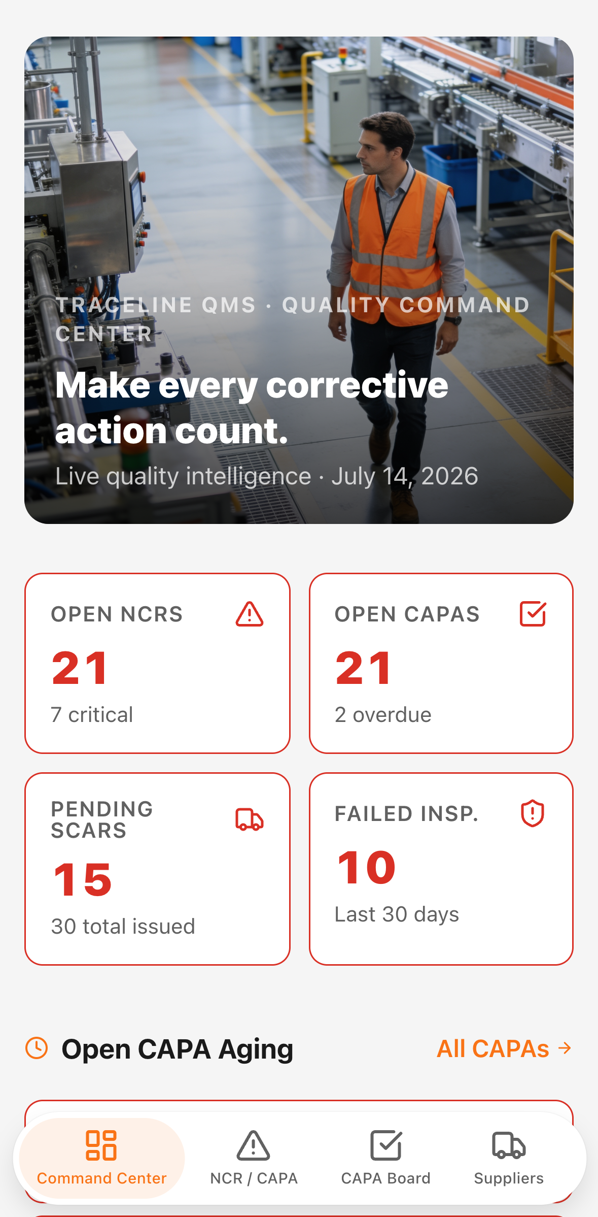 Quality Command Center — mobile screenshot